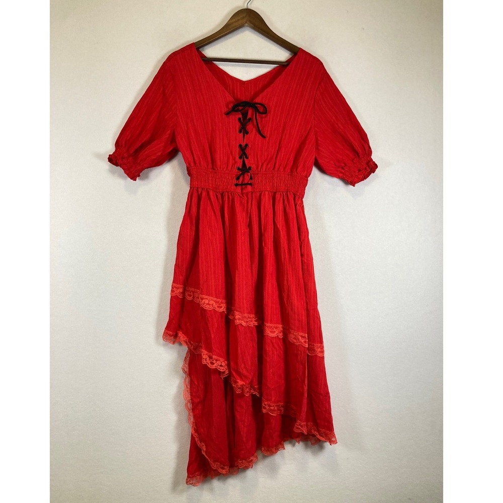 Renaissance Medieval Cosplay Womens Red Lace Up Asymmetrical Tiered Dress